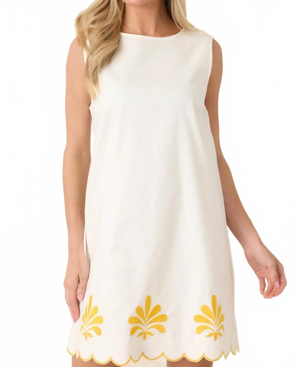 NEW FLYING TOMATO embroidered scalloped mini dress in white/ yellow